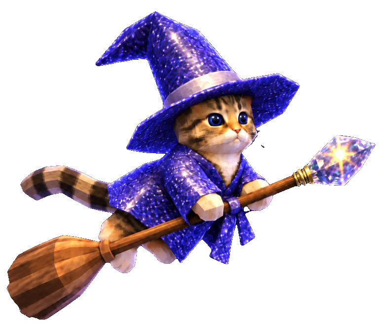 Magic Cat, a kitten in a sparkling violet wizard hat and robe, flying on a broom tipped with a glowing crystal
